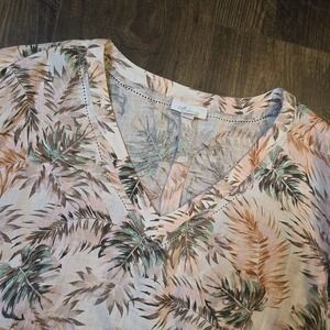 J.Jill Love Linen Blouse XL Petite Palm Leaf Print 3/4 Sleeve Summer